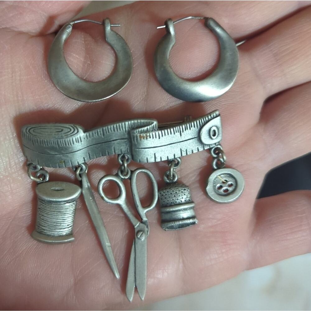 Vintage Sewing Motif Pin & Pewter Hoop Earrings Curated Maker Set